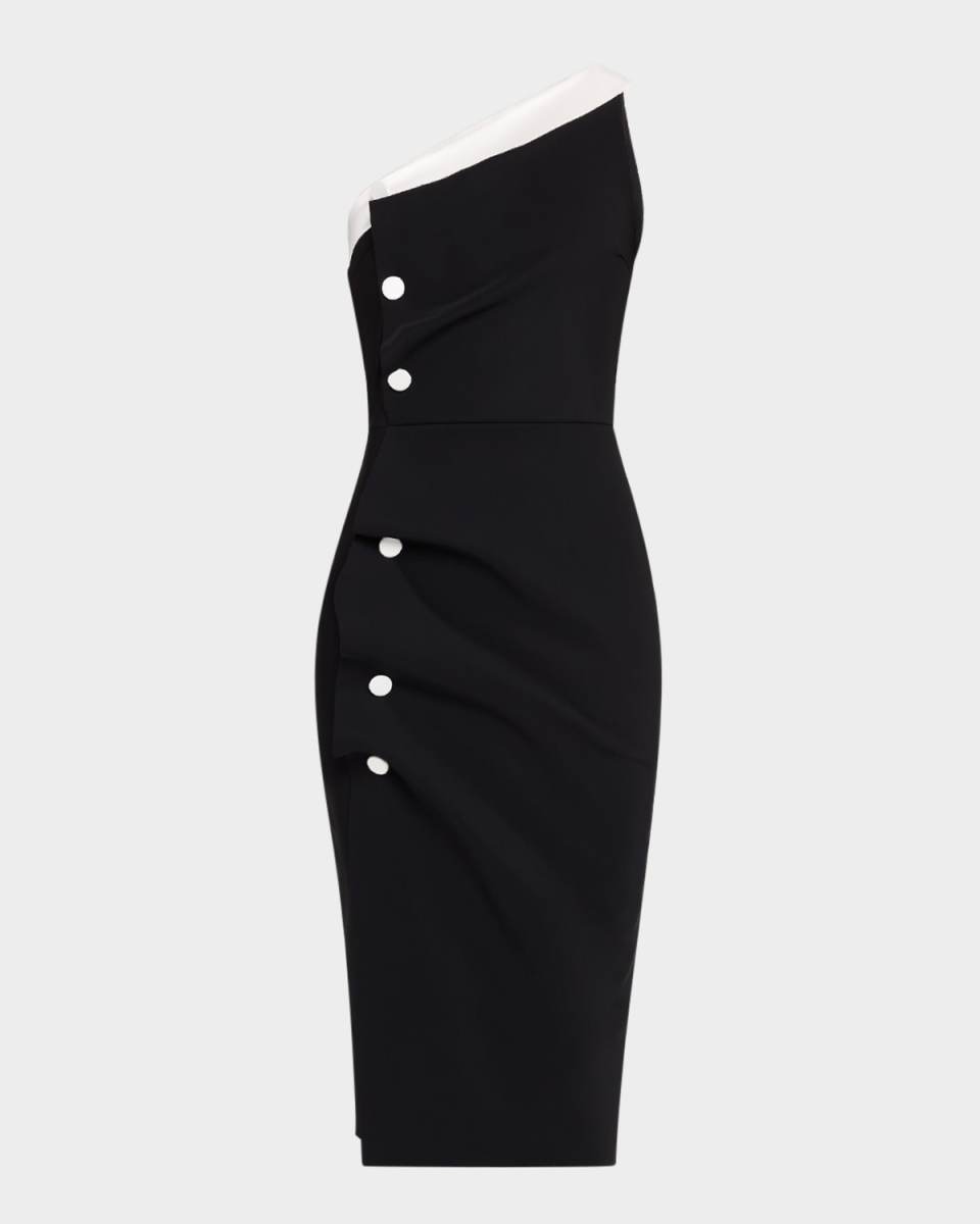 Hiroko One-Shoulder Contrast Button Midi Dress